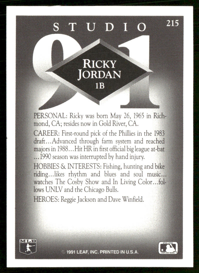 Ricky Jordan 1991 Studio #215 Philadelphia Phillies back