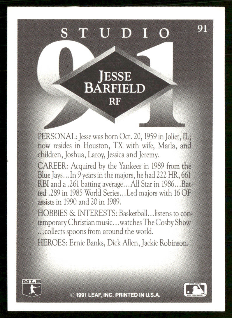 Jesse Barfield 1991 Studio #91 New York Yankees back