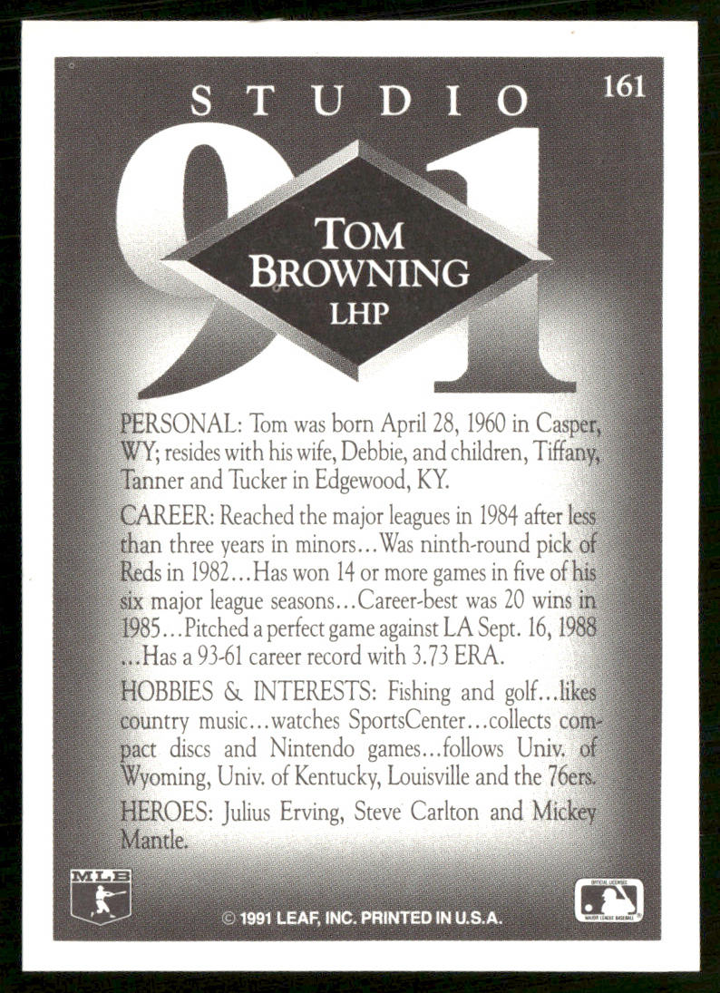 Tom Browning 1991 Studio #161 Cincinnati Reds back