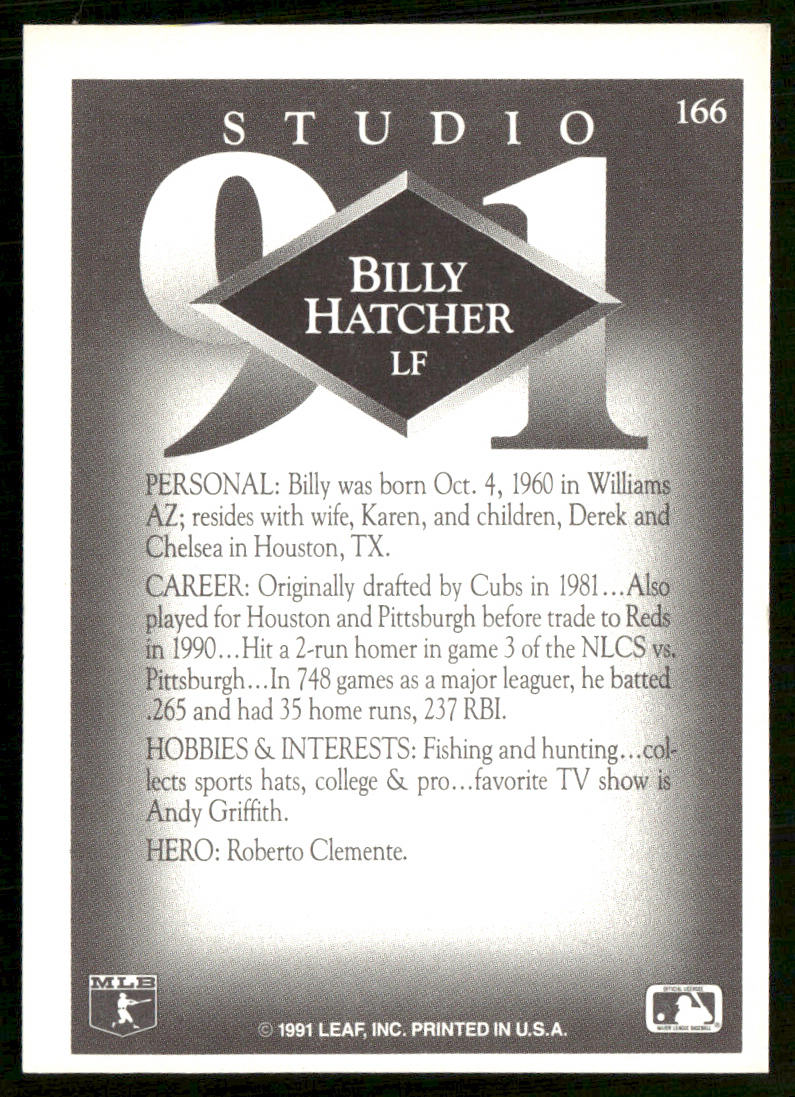 Billy Hatcher 1991 Studio #166 Cincinnati Reds back