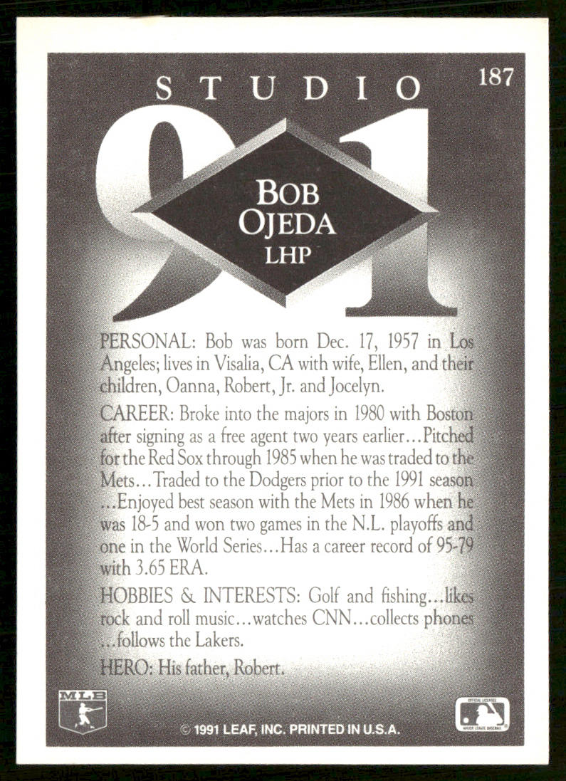 Bob Ojeda 1991 Studio #187 Los Angeles Dodgers back