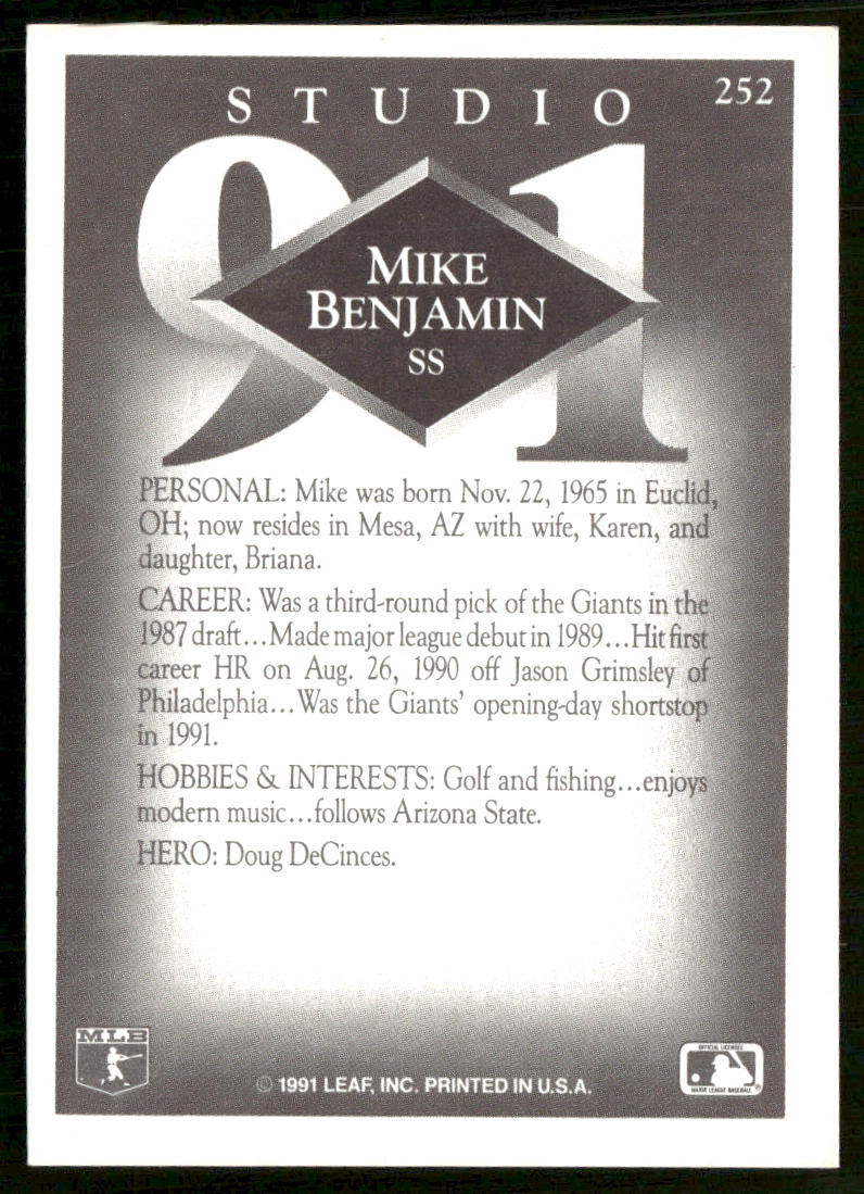 Mike Benjamin 1991 Studio #252 San Francisco Giants back