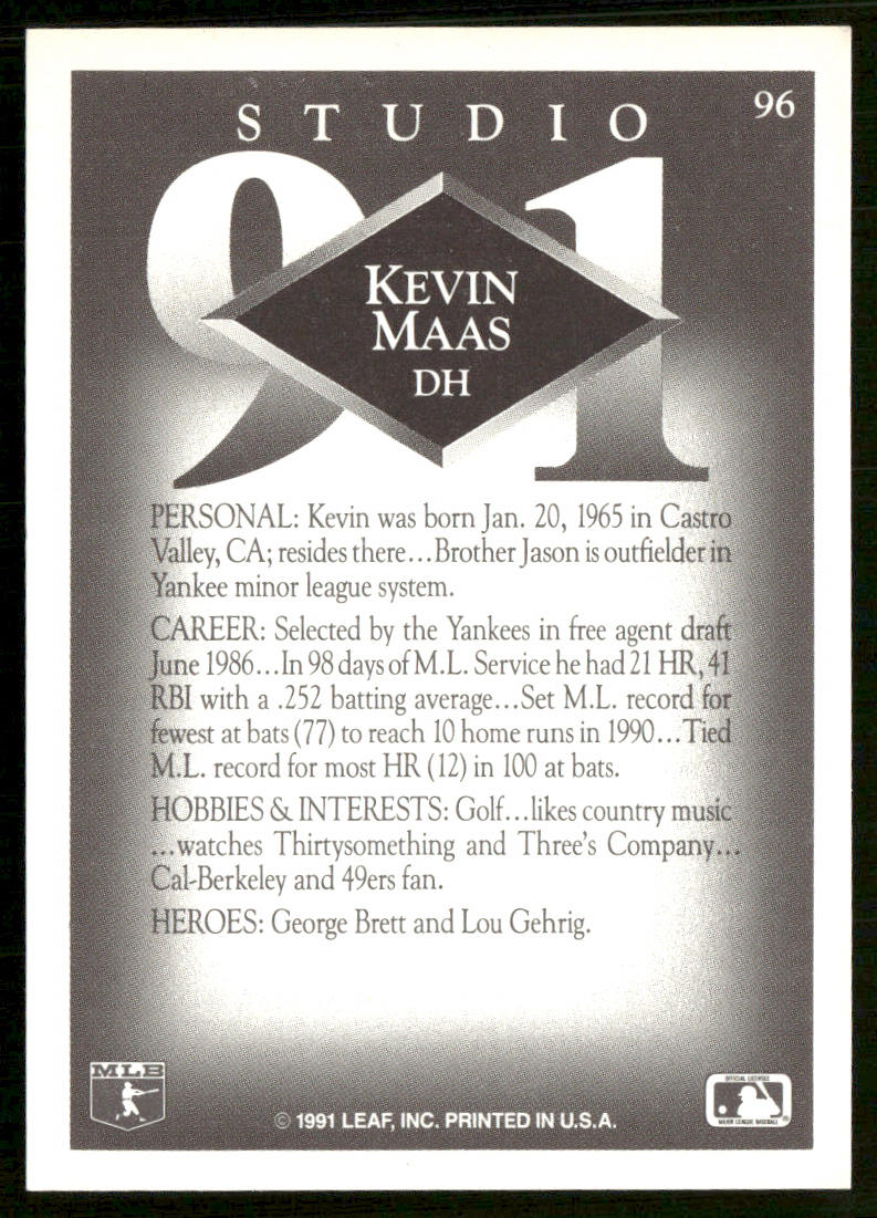 Kevin Maas 1991 Studio #96 New York Yankees back