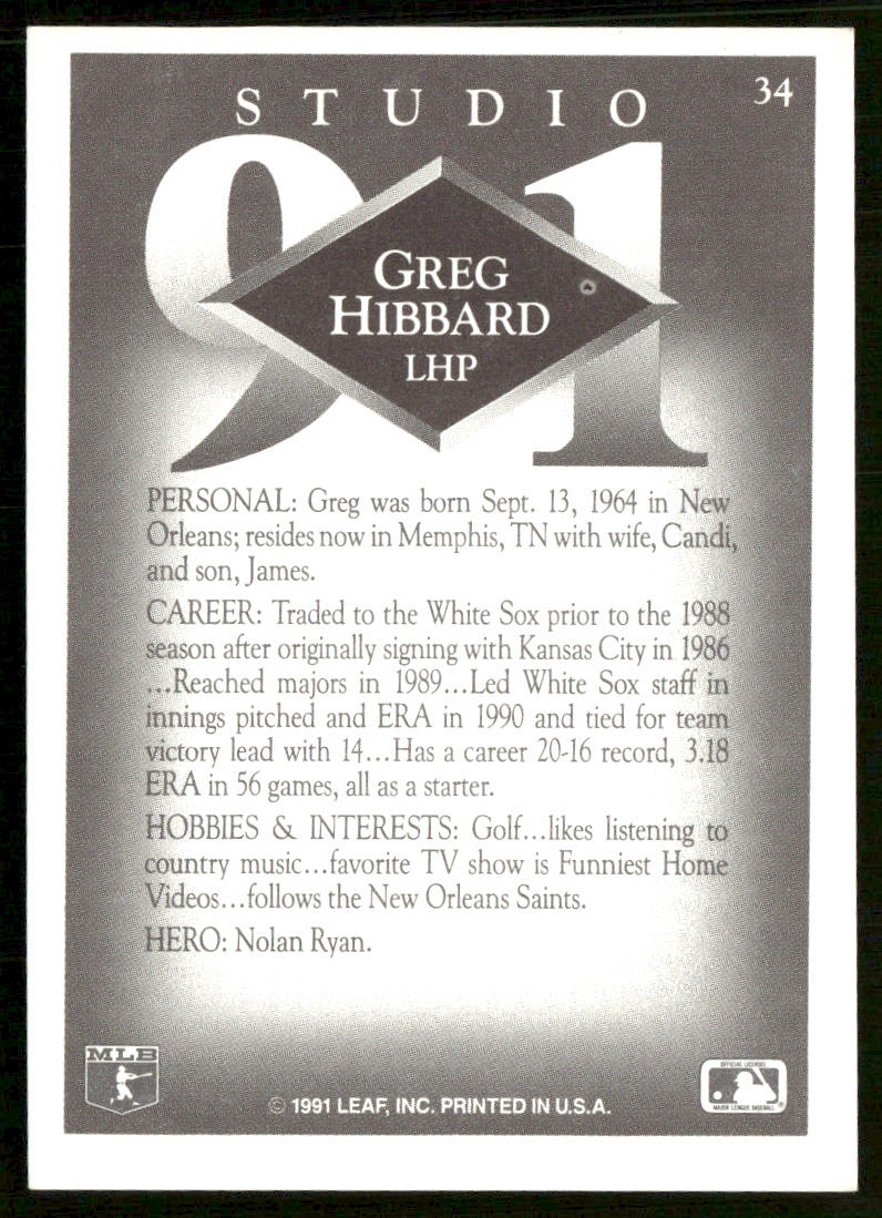 Greg Hibbard 1991 Studio #34 Chicago White Sox back