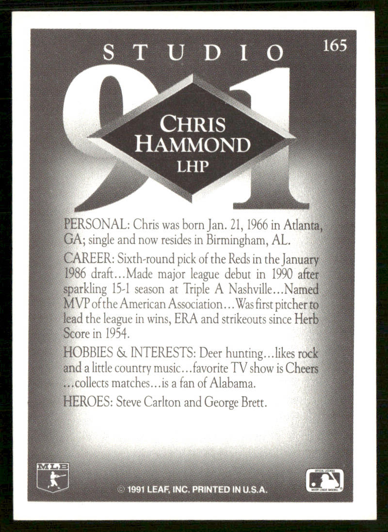 Chris Hammond 1991 Studio #165 Cincinnati Reds back