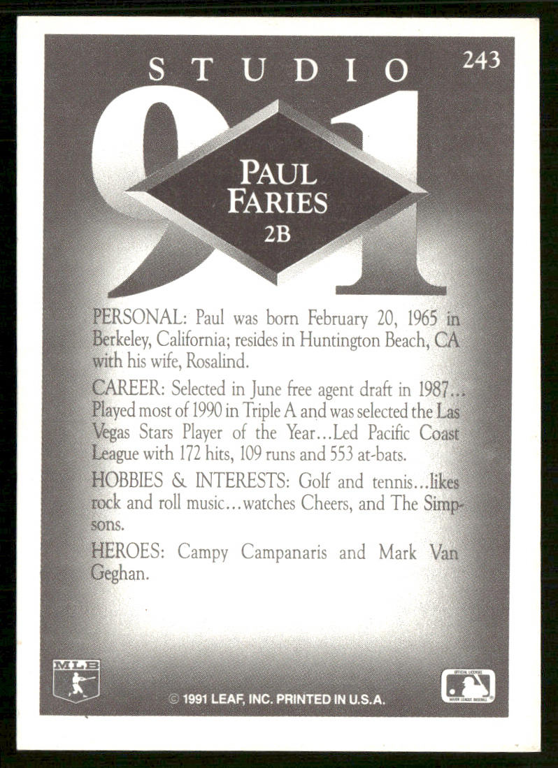 Paul Faries 1991 Studio #243 RC San Diego Padres back