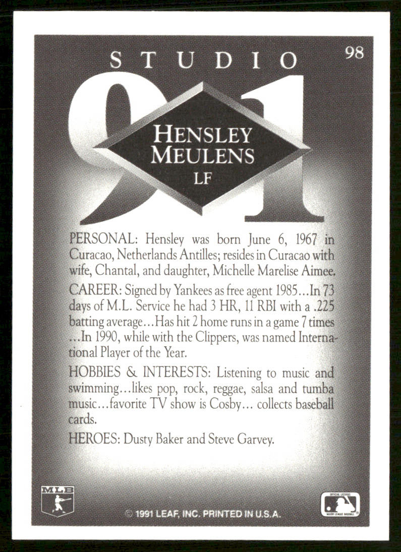 Hensley Meulens 1991 Studio #98 New York Yankees back