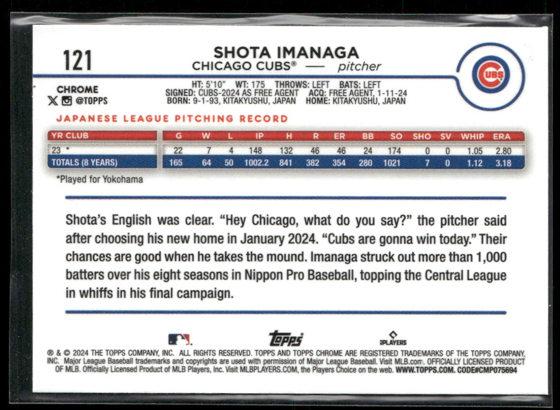 Shota Imanaga 2024 Topps Chrome #121 RC Chicago Cubs