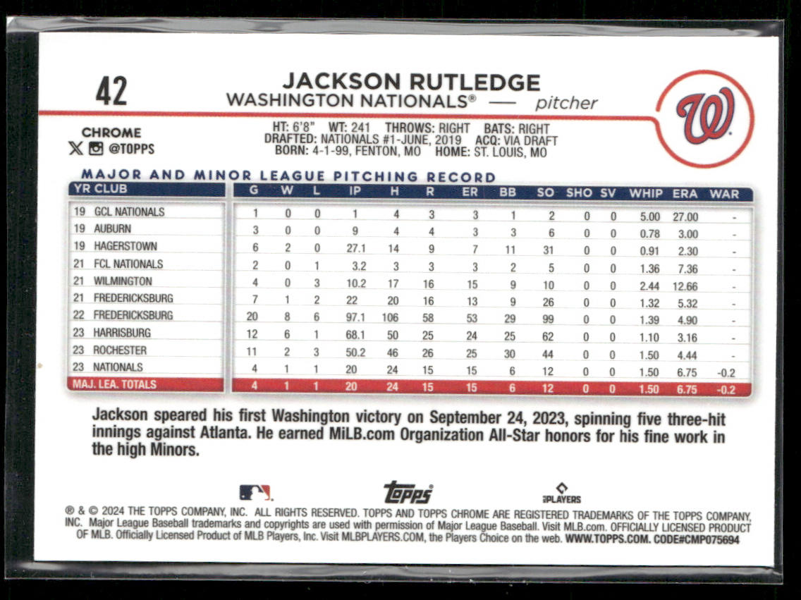 Jackson Rutledge 2024 Topps Chrome #42 RC Washington Nationals