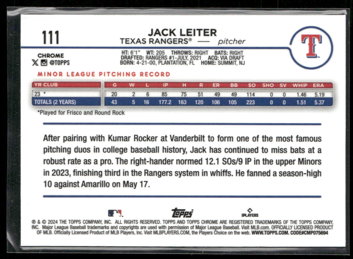 Jack Leiter 2024 Topps Chrome #111 RC Texas Rangers