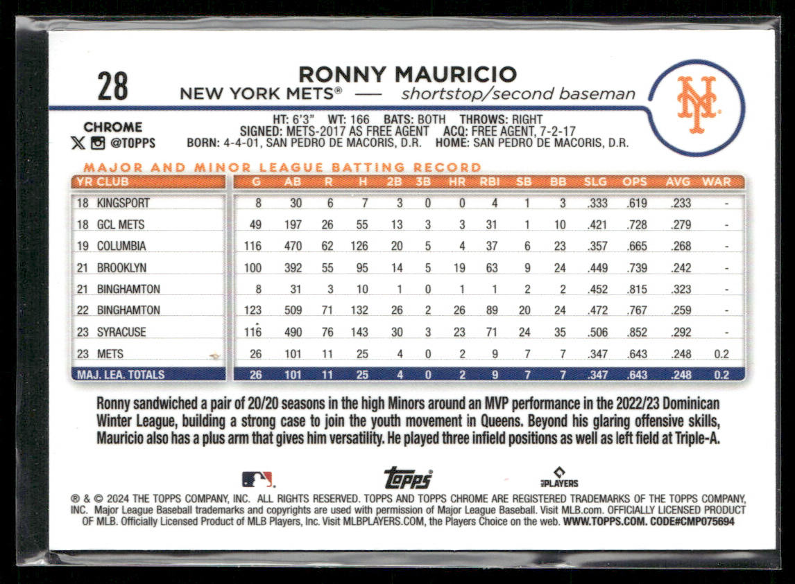 Ronny Mauricio 2024 Topps Chrome #28 RC New York Mets