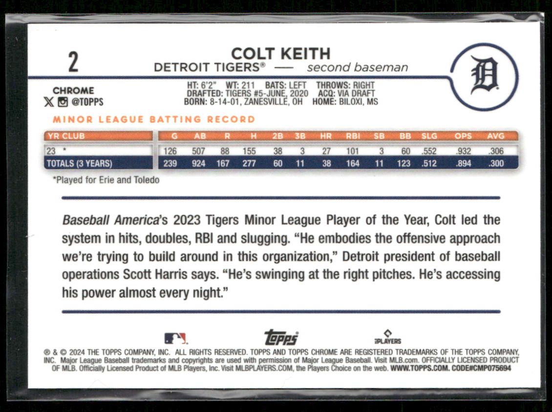 Colt Keith 2024 Topps Chrome #2 RC Detroit Tigers