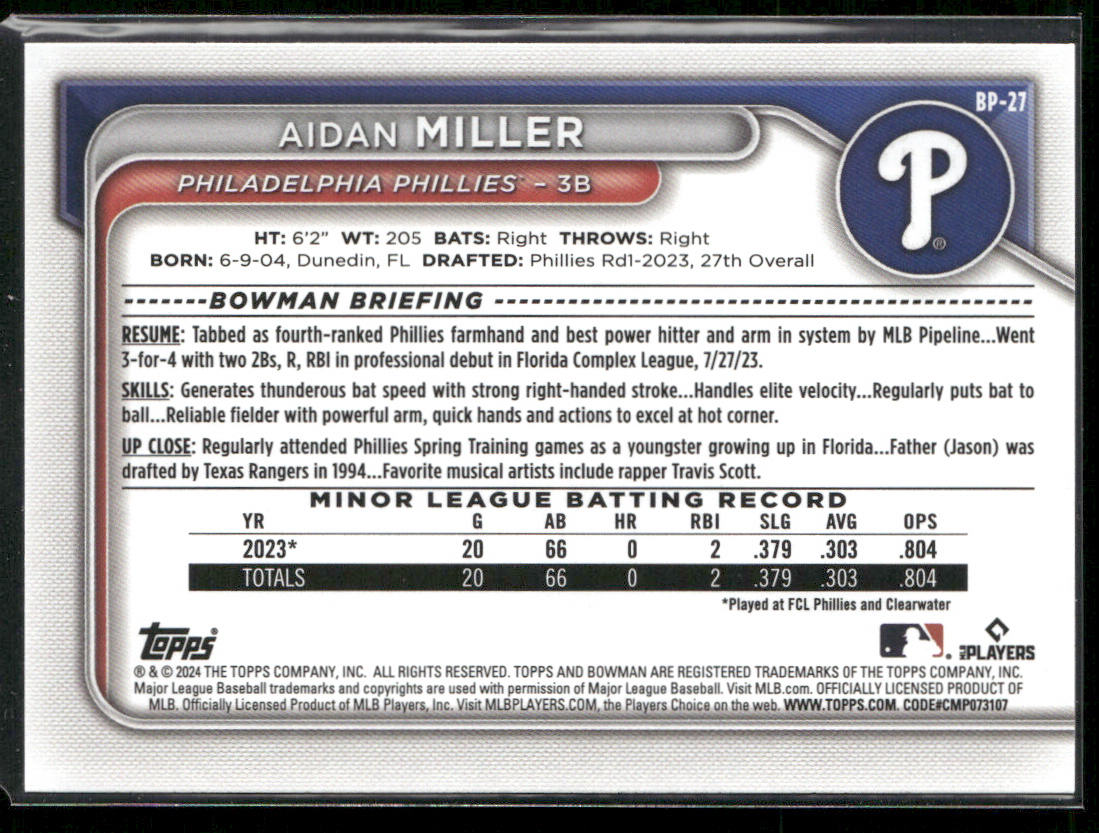 Aidan Miller 2024 Bowman Prospects #BP-27 Philadelphia Phillies