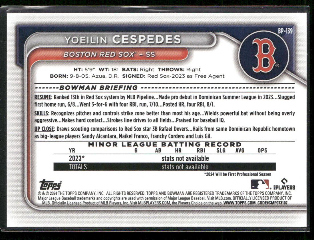 Yoeilin Cespedes 2024 Bowman Prospects #BP-139 Boston Red Sox