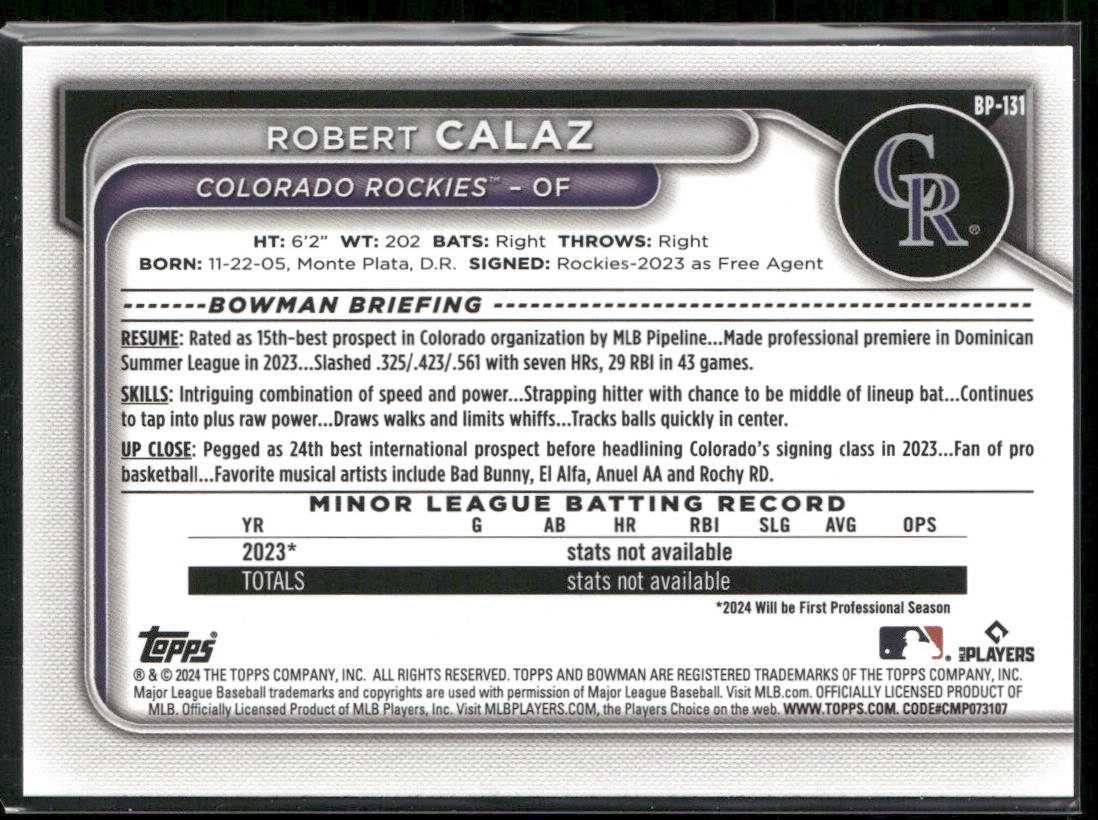 Robert Calaz 2024 Bowman Prospects #BP-131 Colorado Rockies