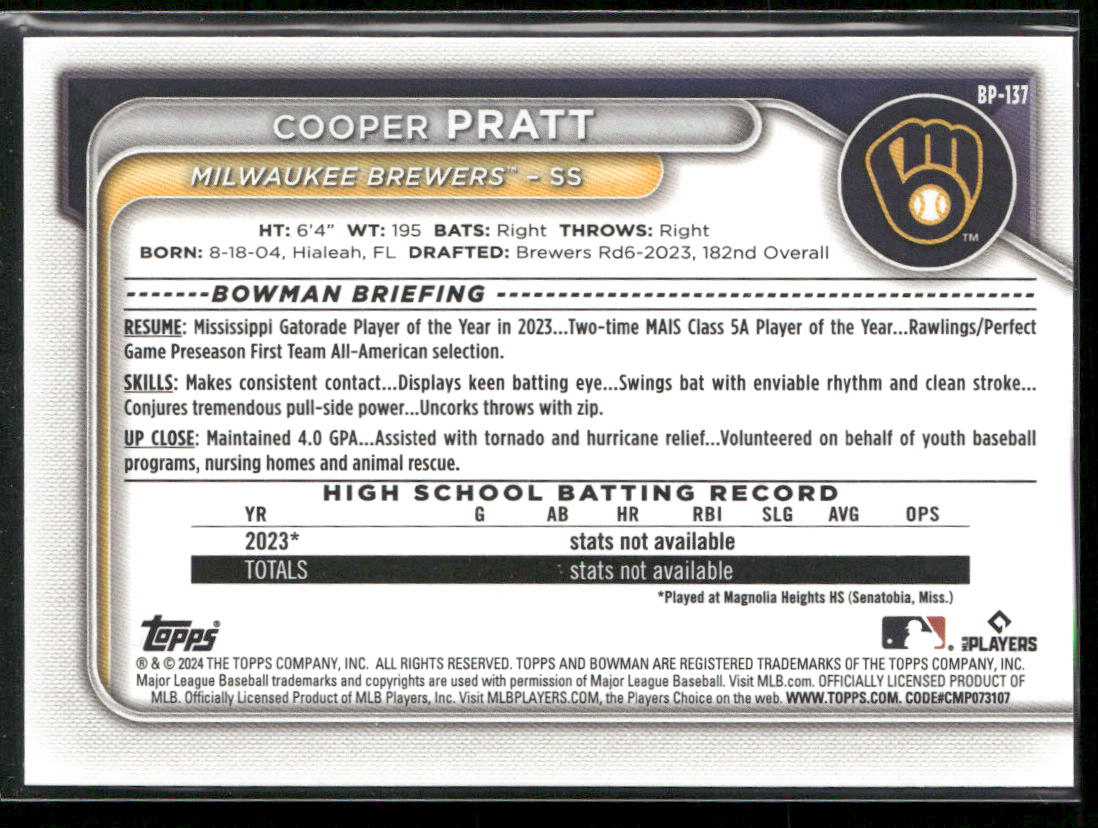 Cooper Pratt 2024 Bowman Prospects #BP-137 Milwaukee Brewers