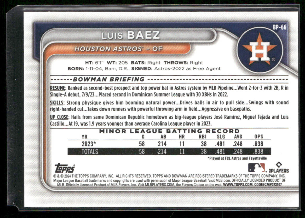 Luis Baez 2024 Bowman Prospects #BP-66 Houston Astros