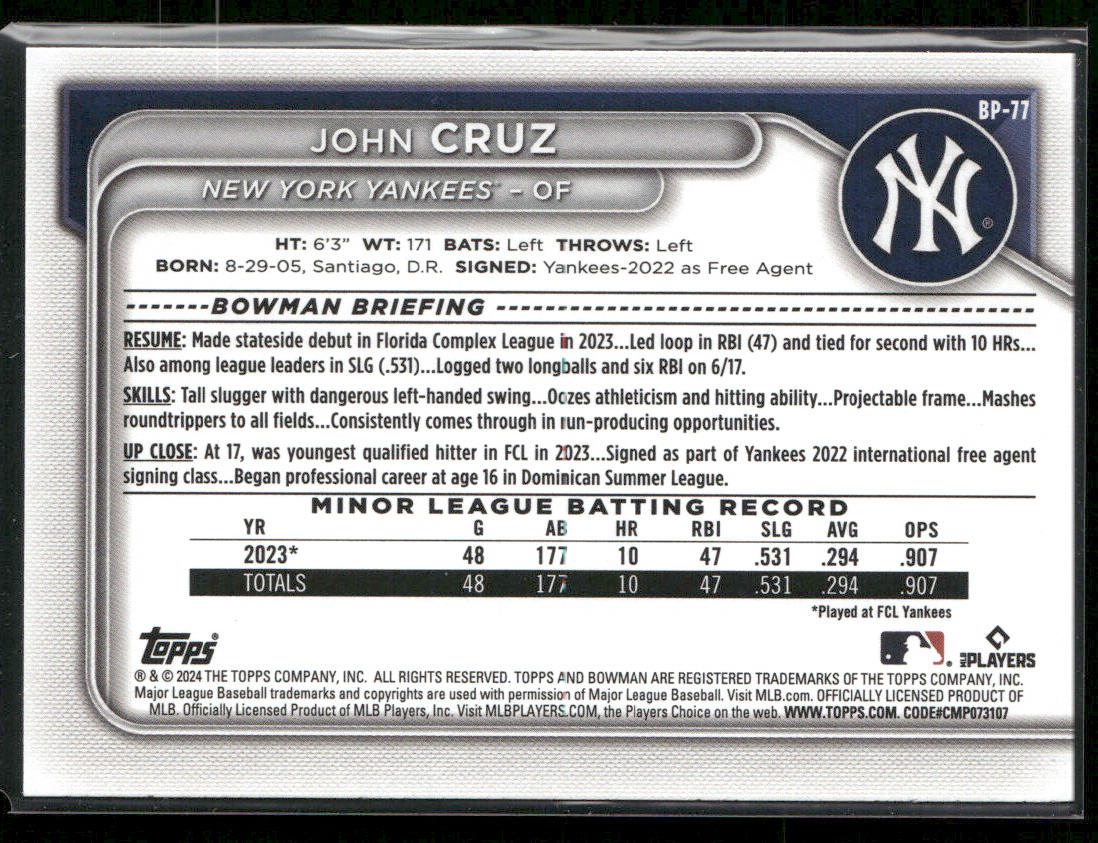 John Cruz 2024 Bowman Prospects #BP-77 New York Yankees