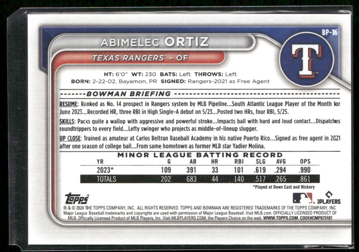 Abimelec Ortiz 2024 Bowman Prospects #BP-16 Texas Rangers