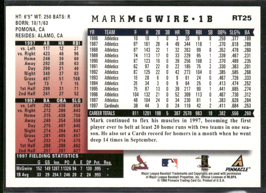 Mark McGwire 1998 Score Rookie & Traded #RT25 St. Louis Cardinals