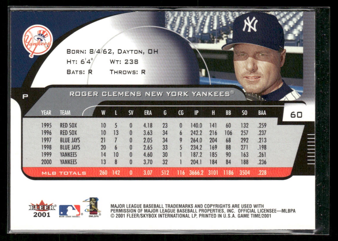 Roger Clemens 2001 Fleer Game Time #60 New York Yankees
