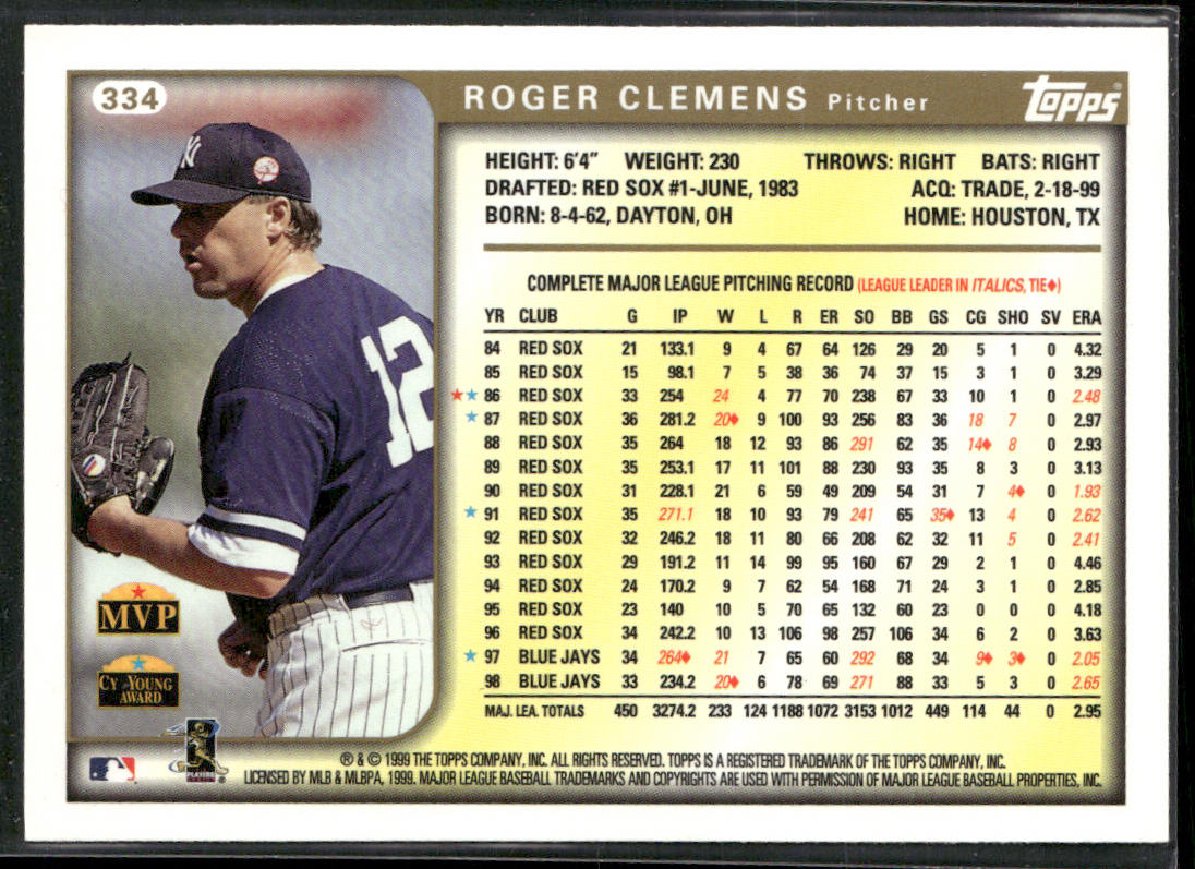 Roger Clemens 1999 Topps #334 New York Yankees