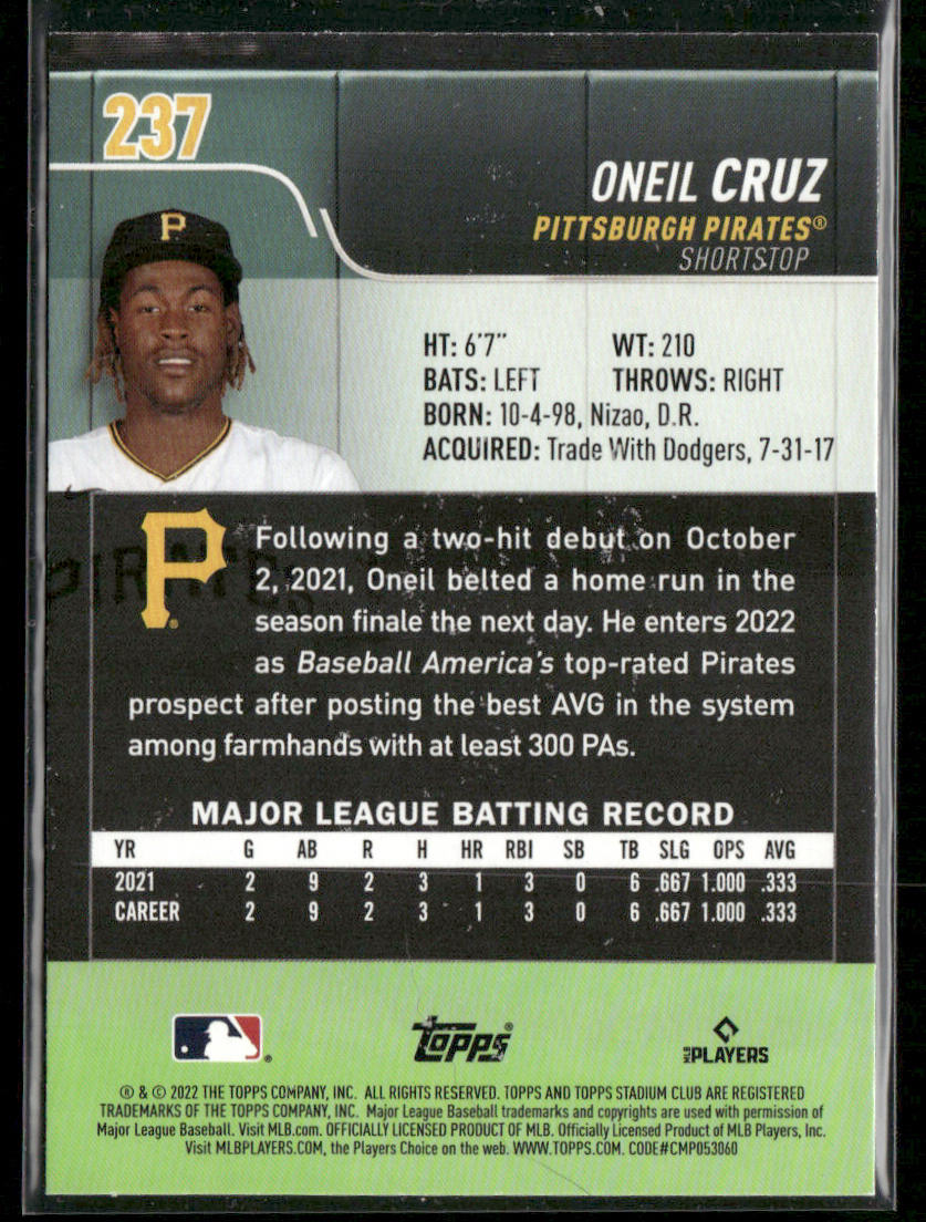 Oneil Cruz 2022 Stadium Club #237 RC Pittsburgh Pirates