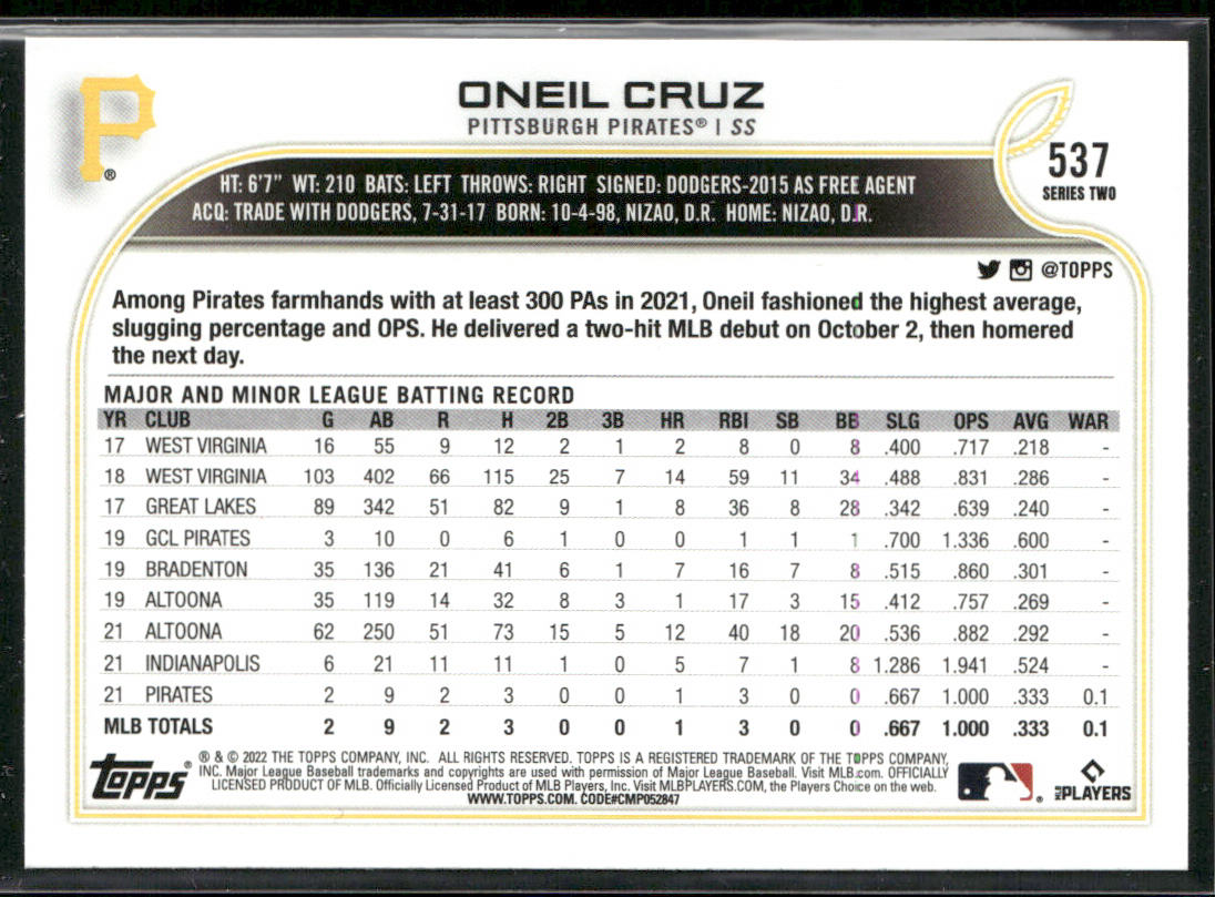 Oneil Cruz 2022 Topps #537 RC Pittsburgh Pirates