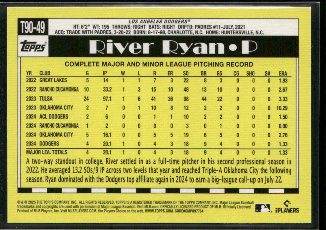 River Ryan 2025 Topps 1990 Topps Baseball 35th Anniversary #T90-49 Dodgers