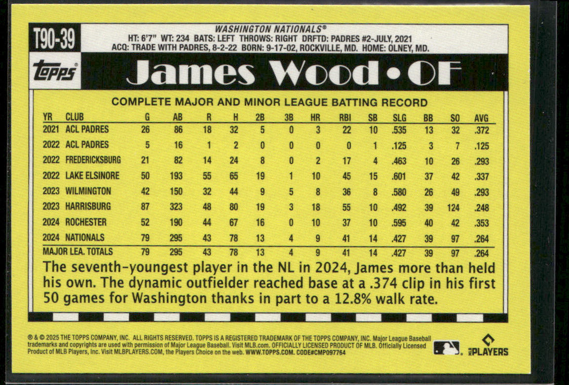 James Wood 2025 Topps 1990 Topps Baseball 35th Anniversary #T90-39 Nationals