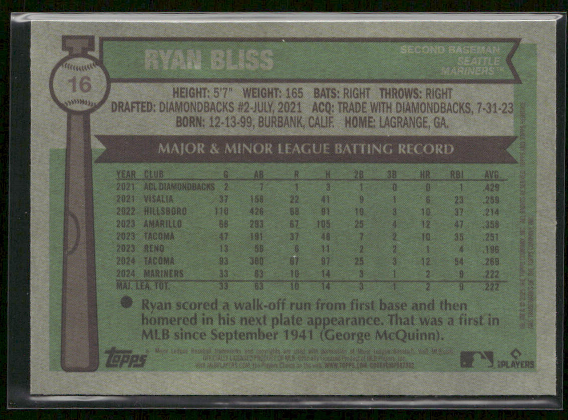Ryan Bliss 2025 Topps Heritage Chrome Pink Sparkle Refractor #16 RC Mariners