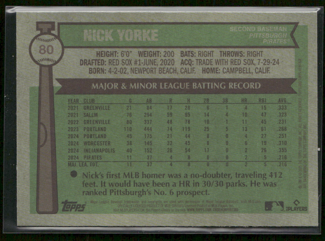 Nick Yorke 2025 Topps Heritage Chrome Green Refractor #80 SN,RC Pirates