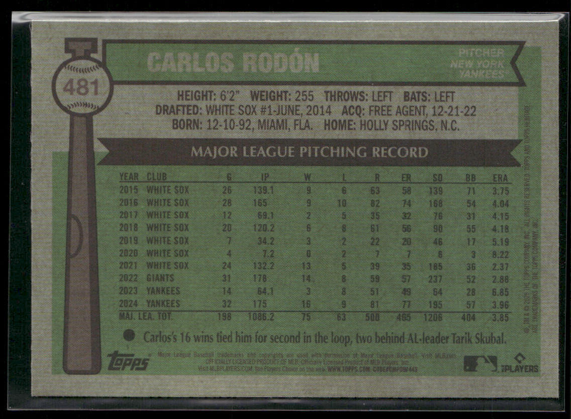 Carlos Rodón 2025 Topps Heritage Chrome Pink Sparkle Refractor #481 Yankees