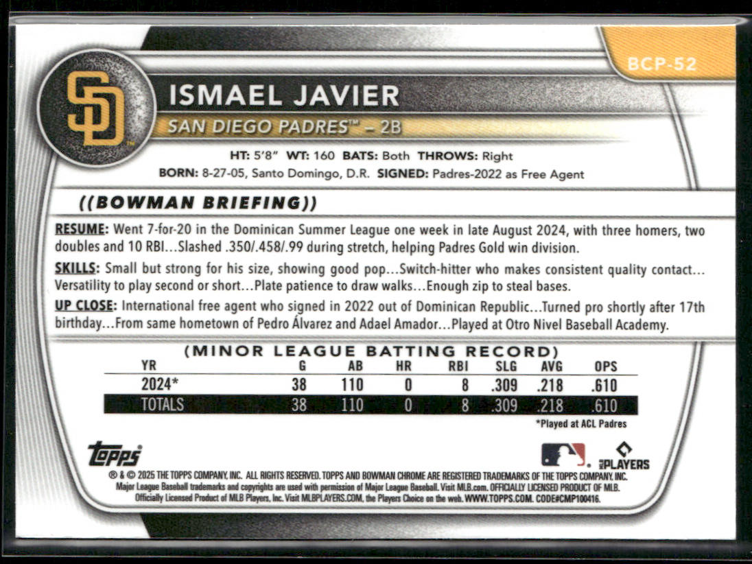 Ismael Javier 2025 Bowman Chrome Prospects X-Fractor #BCP-52 San Diego Padres