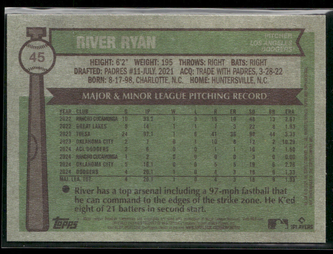 River Ryan 2025 Topps Heritage #45 RC Los Angeles Dodgers