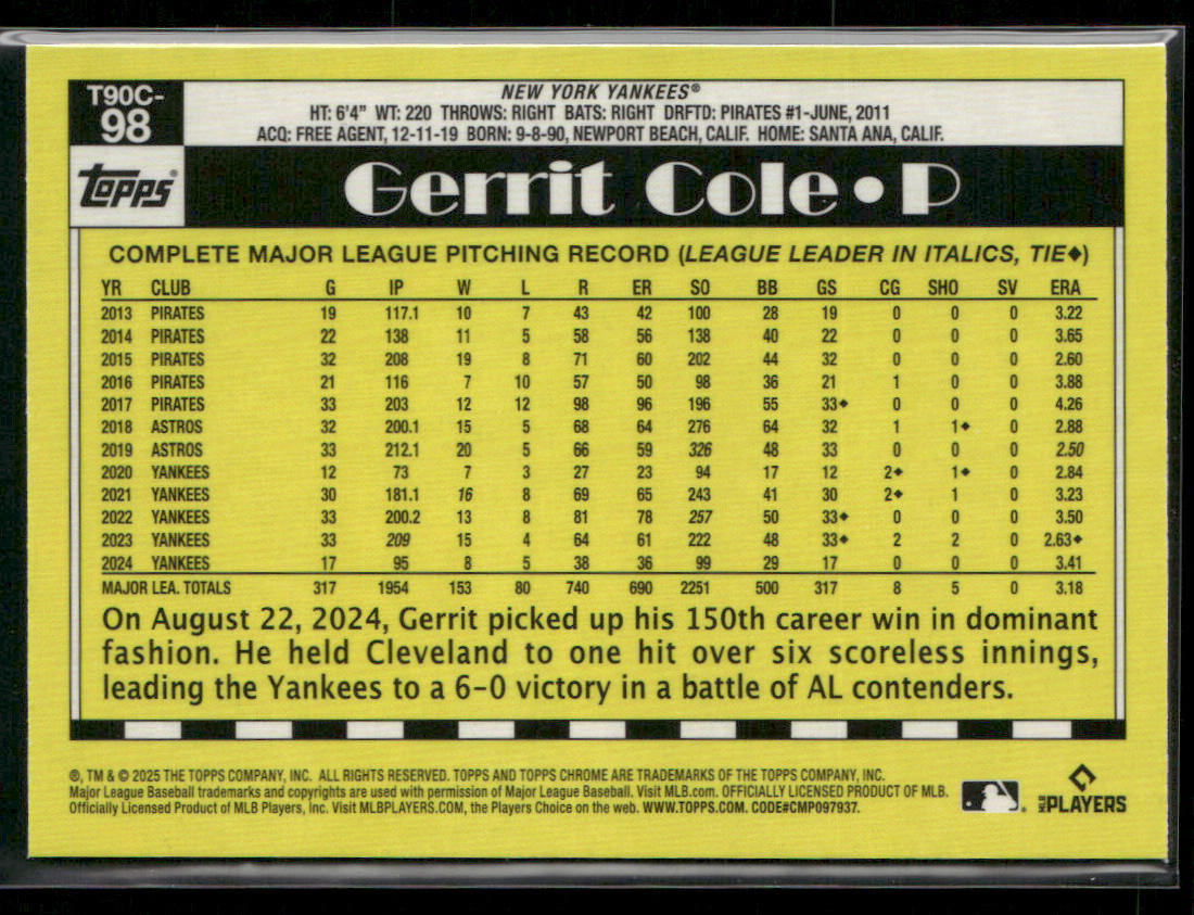 Gerrit Cole 2025 Topps 1990 Topps Baseball 35th Anniversary Chrome #T90C-98