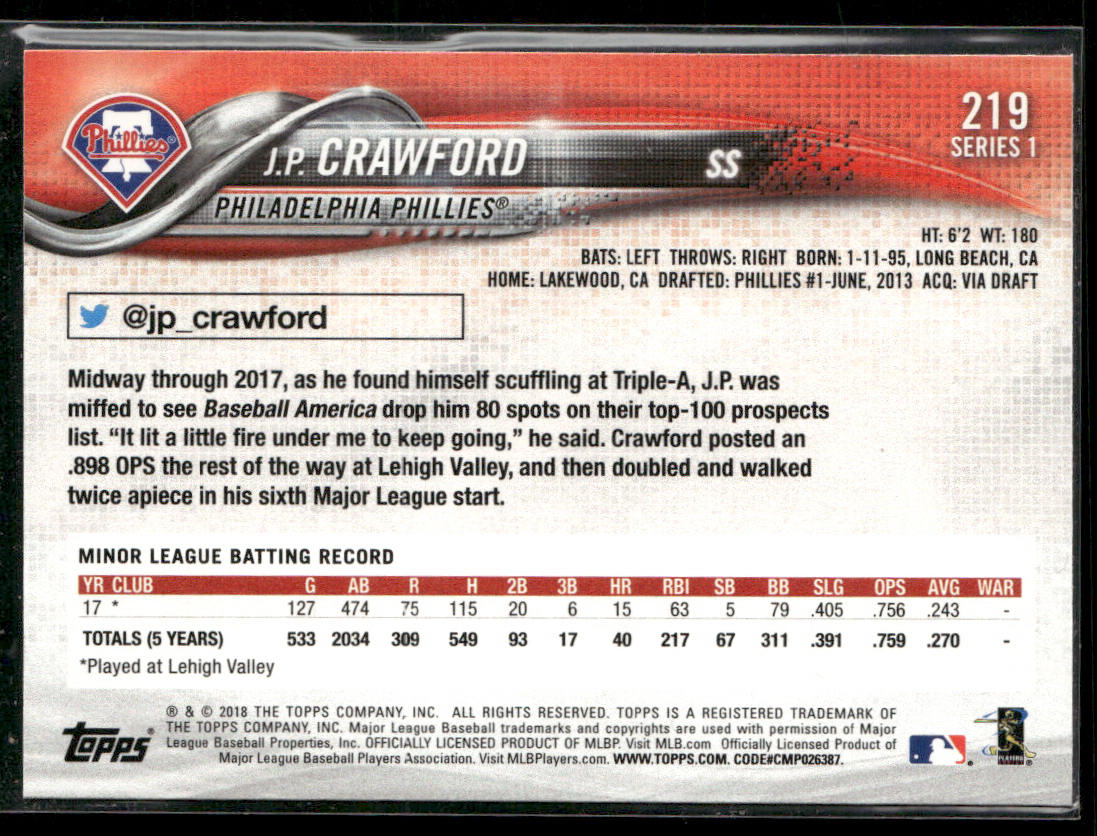 J.P. Crawford 2018 Topps Rainbow Foil #219 RC Philadelphia Phillies