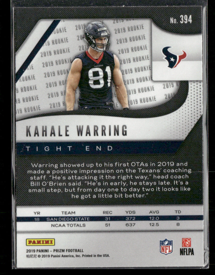 Kahale Warring 2019 Panini Prizm #394 RC Houston Texans