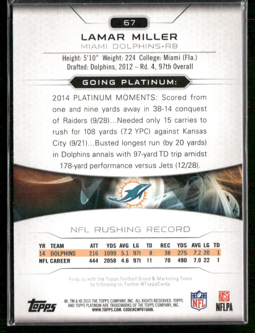 Lamar Miller 2015 Topps Platinum Gold #67 Miami Dolphins