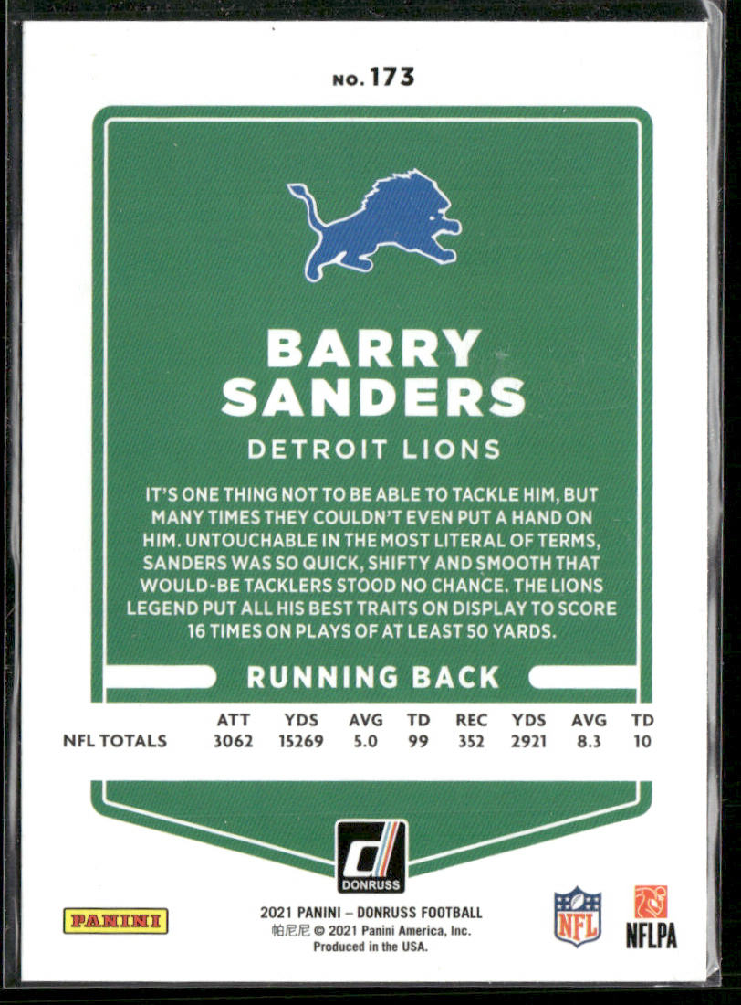 Barry Sanders 2021 Donruss #173b No Helmet Detroit Lions