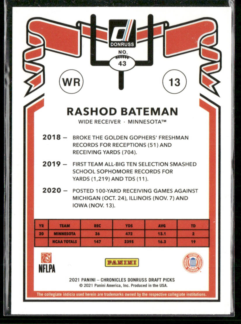 Rashod Bateman 2021 Panini Chronicles Draft Picks #43 Minnesota Golden Gophers