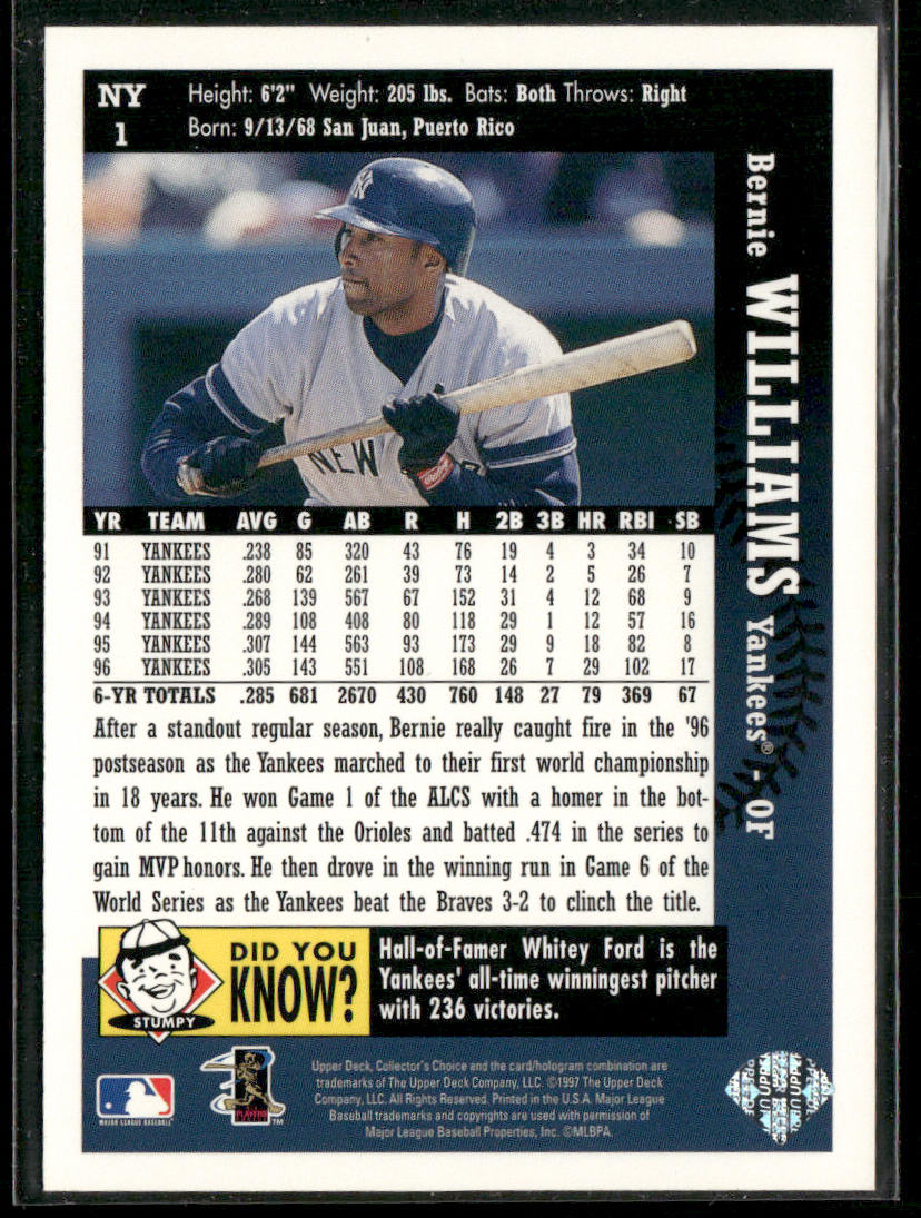 Bernie Williams 1997 Collector's Choice New York Yankees #NY1 New York Yankees