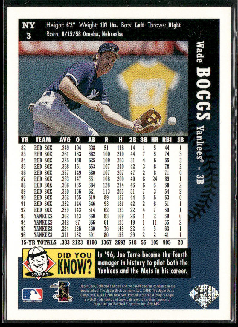 Wade Boggs 1997 Collector's Choice New York Yankees #NY3 New York Yankees