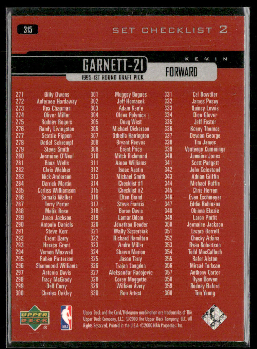 Kevin Garnett 1999-00 Upper Deck #315 Minnesota Timberwolves