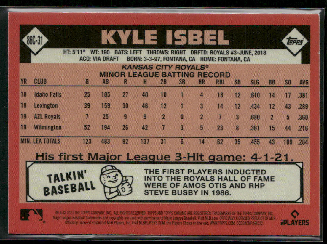 Kyle Isbel 2021 Topps Update 1986 Topps Chrome #86C-31 Kansas City Royals