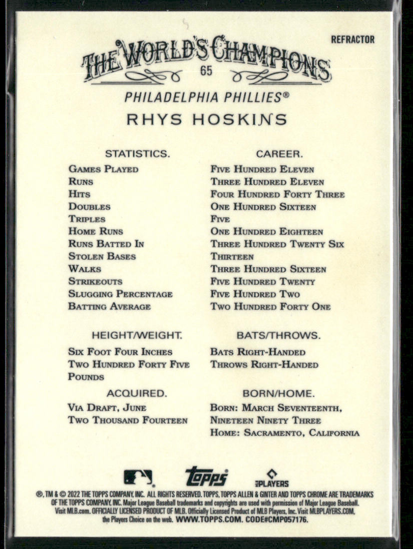 Rhys Hoskins 2022 Topps Allen & Ginter Chrome Refractor #65 Phillies