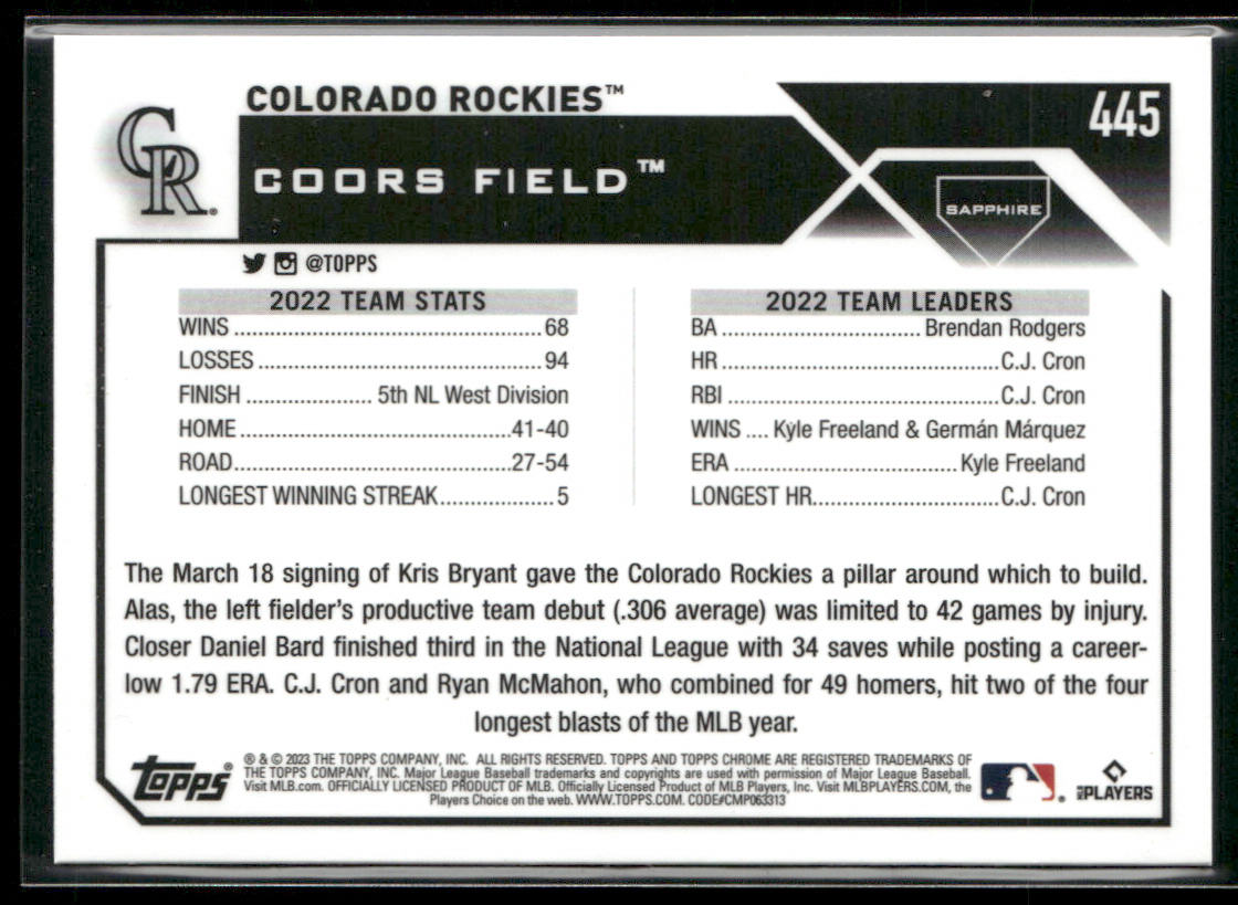Colorado Rockies 2023 Topps Chrome Sapphire Edition #445 Colorado Rockies