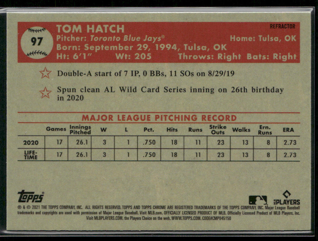 Tom Hatch 2021 Topps Chrome Platinum Anniversary Refractor #97 RC Blue Jays