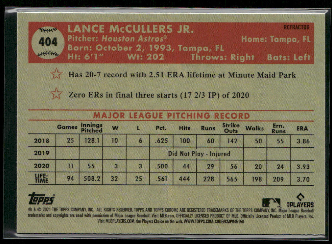 Lance McCullers Jr. 2021 Topps Chrome Platinum Anniversary Prism Refractor #404