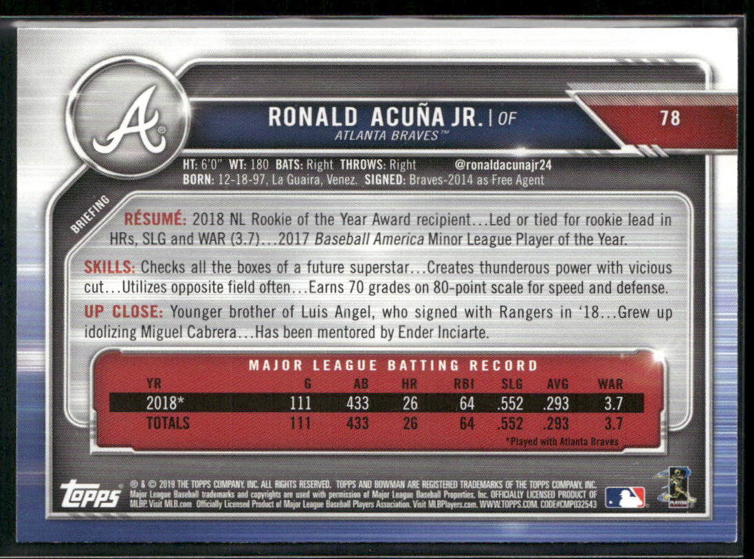 Ronald Acuña Jr. 2019 Bowman #78 Atlanta Braves